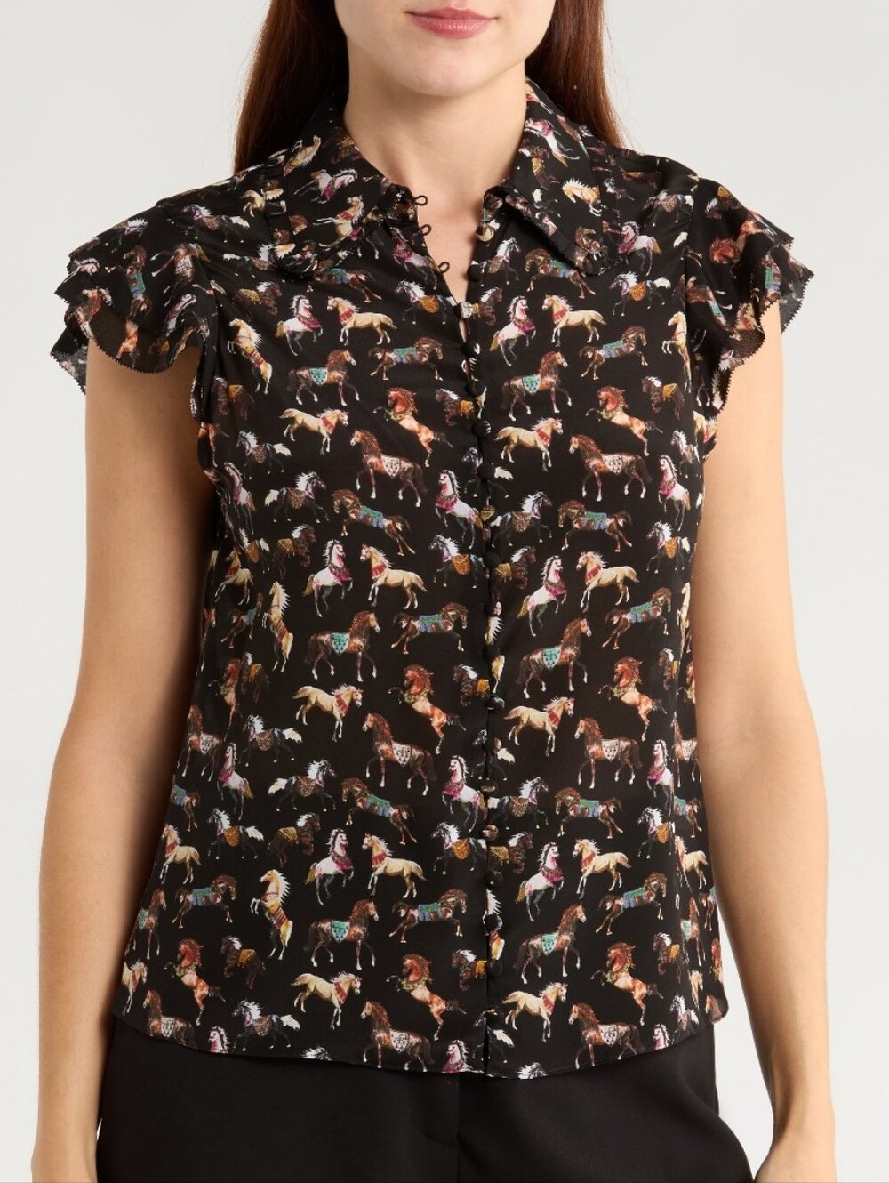 NWT Alice + Olivia Black Horse-Print Button Flutter Sleeve Blouse